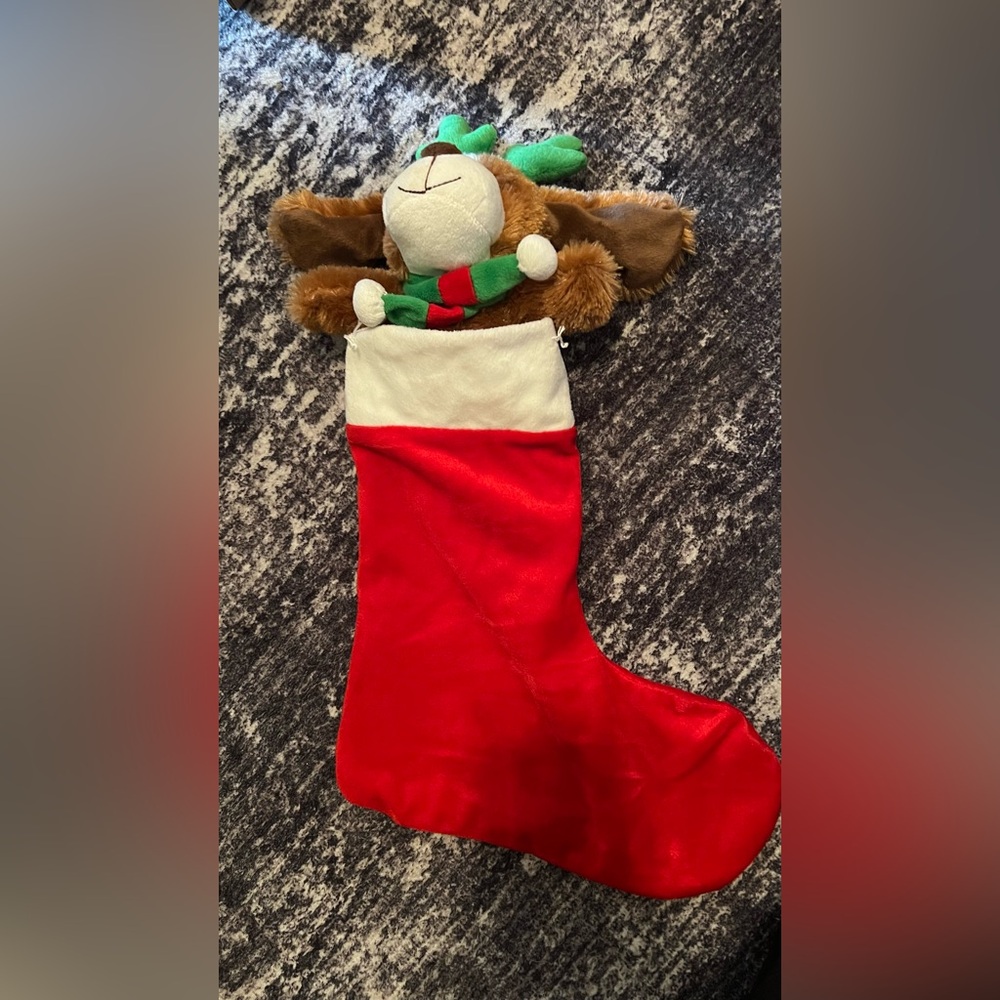Avon Vibrant Red and Soft White Stocking with Plush Dog